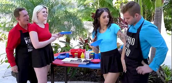  Sabrina Snow and Sofie Reyes request their dads to teach them how to play football while having a barbecue party. The girls started hinting for more action to their dads.